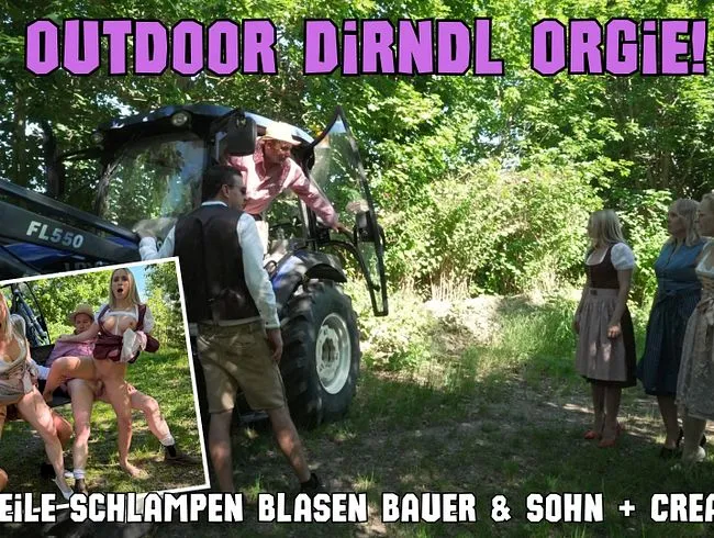 Outdoor Dirndl Orgie: 3 geile Schlampen blasen Bauer & Sohn + Creampie!